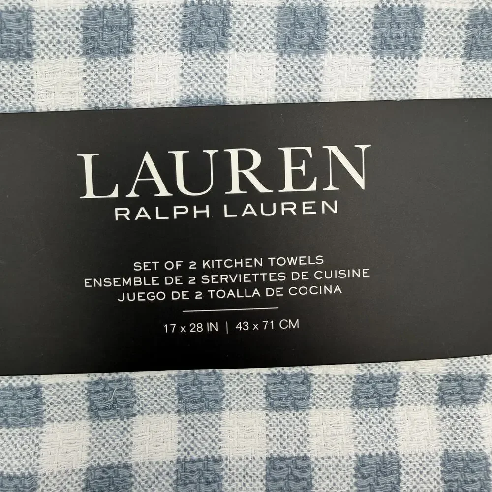 Lauren Ralph Lauren Kitchen Towels Set of 2 Blue White Gingham Check 17x28 NWT